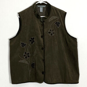 Jessica Holbrook Vest Womens Size 1X Green Quilted Floral Embroidered Button Up